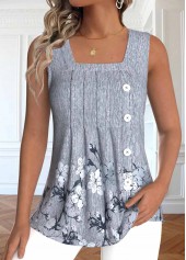 Floral Print Button Light Grey Marl Sleeveless Tank Top