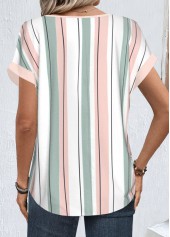 Striped Zipper White Short Sleeve Round Neck Blouse