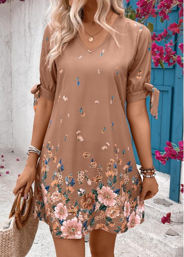 Floral Print Zipper Dark Camel Short Shift Dress