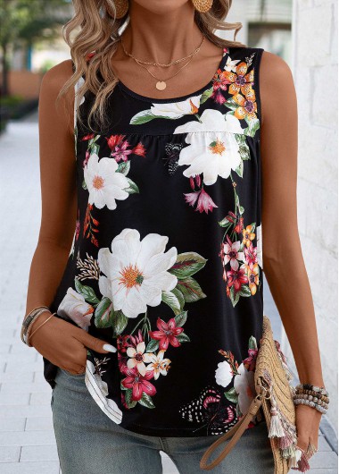 Floral Print Patchwork Black Sleeveless Scoop Neck Tank Top 26$