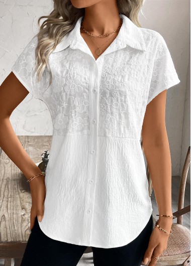 Patchwork White Short Sleeve Shirt Collar Blouse