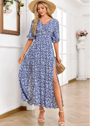 Ditsy Floral Print Split Blue Half Sleeve Maxi Dress 37$