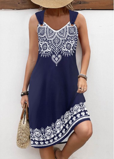 Tribal Print Tummy Coverage Navy Sleeveless V Neck Dress