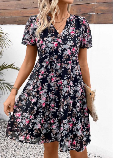 Ditsy Floral Print Split Black Short Sleeve Dress 36$