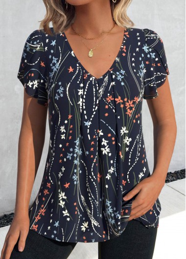 Plus Size Navy Floral Print Short Sleeve T Shirt 30$