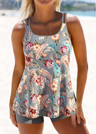 Paisley Print Patchwork Grey Tankini Set Paisley Print Patchwork Grey Tankini Set