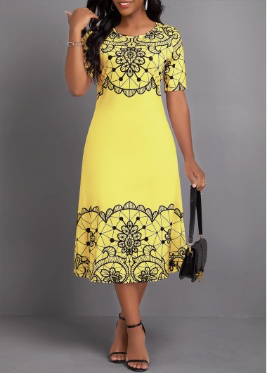Geometric Print Light Yellow Short Sleeve Round Neck Dress 34$