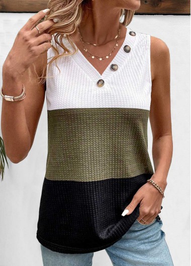 Button White Sleeveless V Neck Tank Top 28$