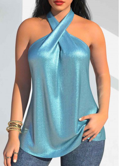Hot Stamping Light Blue Sleeveless Halter Tank Top 25$