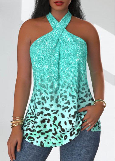 Leopard Criss Cross Mint Green Sleeveless Tank Top 27$