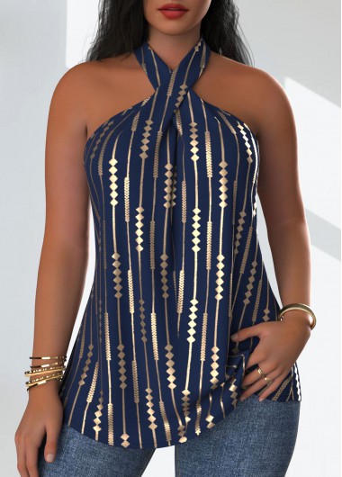Geometric Print Criss Cross Navy Sleeveless Tank Top