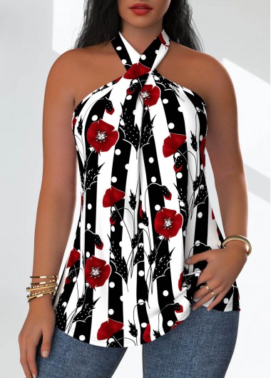 Floral Print Criss Cross Black Sleeveless Tank Top 25$