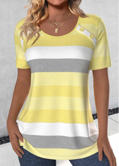 Plus Size Light Yellow Button Striped T Shirt