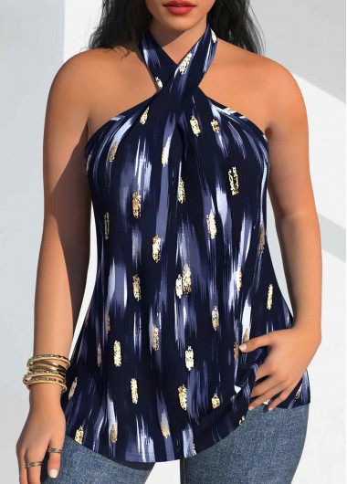Geometric Print Criss Cross Navy Sleeveless Tank Top 26$