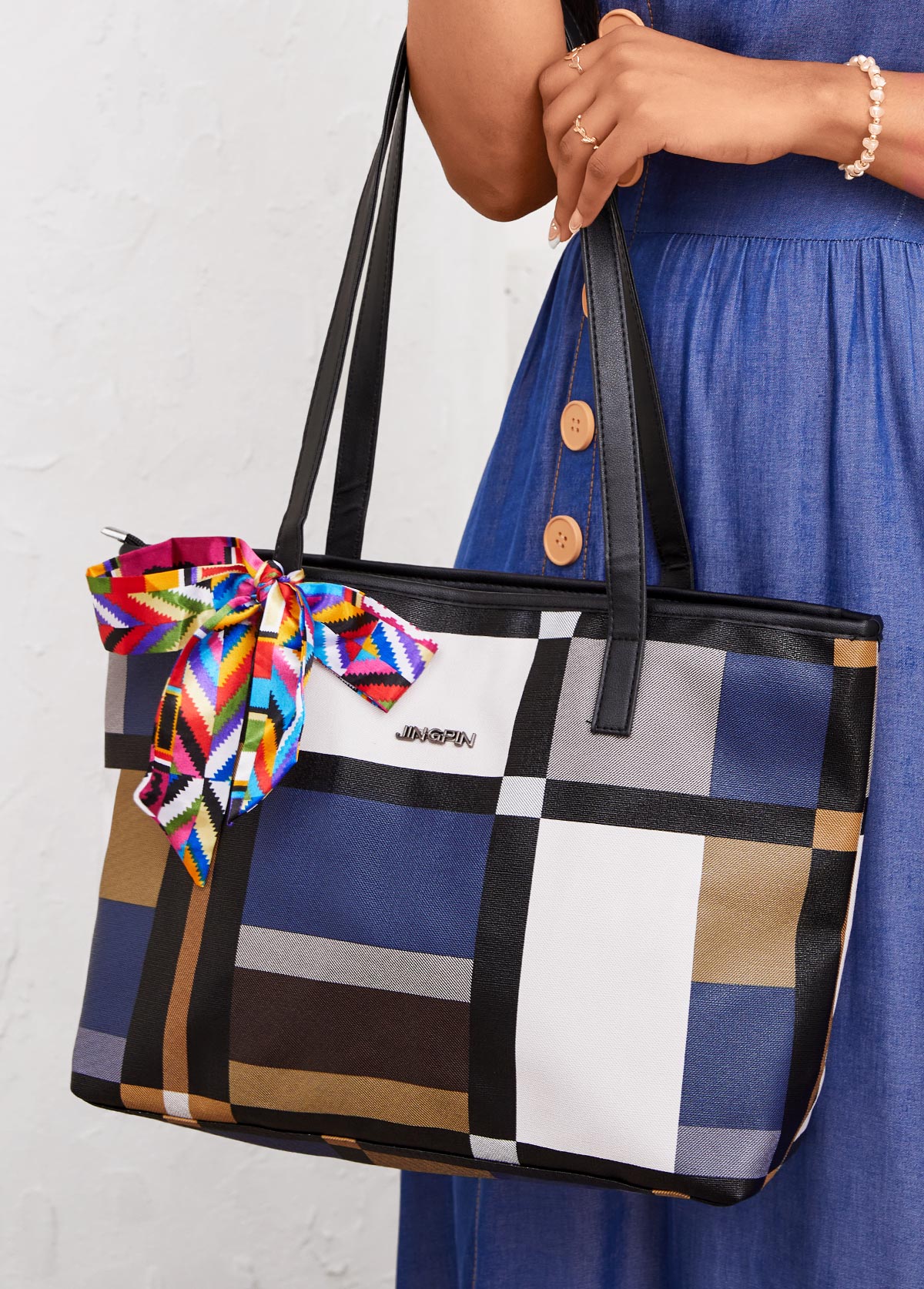 Ribbon Detail Plaid Color Block Tote Bag