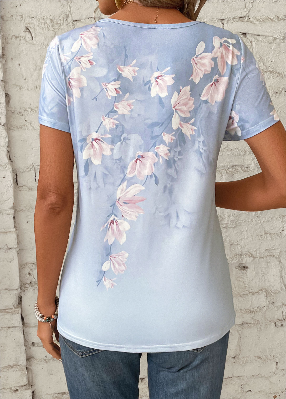 Floral Print Asymmetry Light Blue Short Sleeve T Shirt