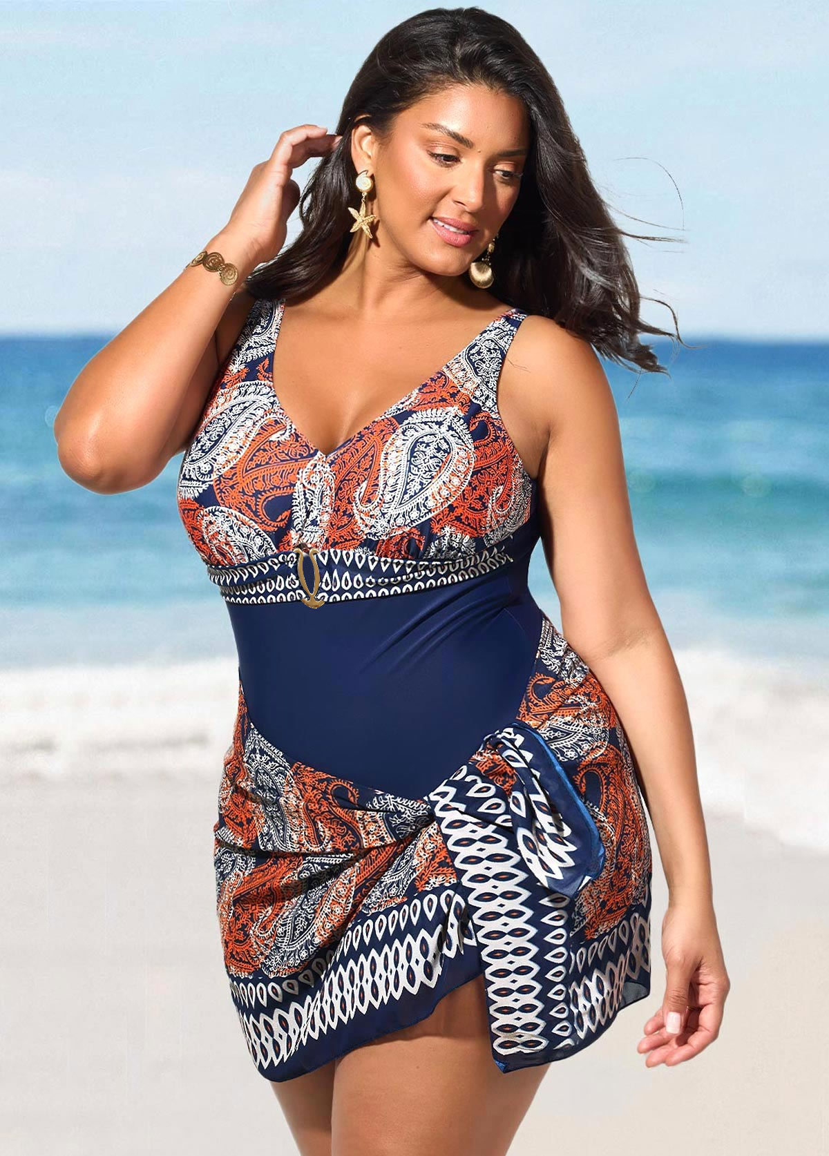 Navy Plus Size One Piece Swimwear and Cover Up