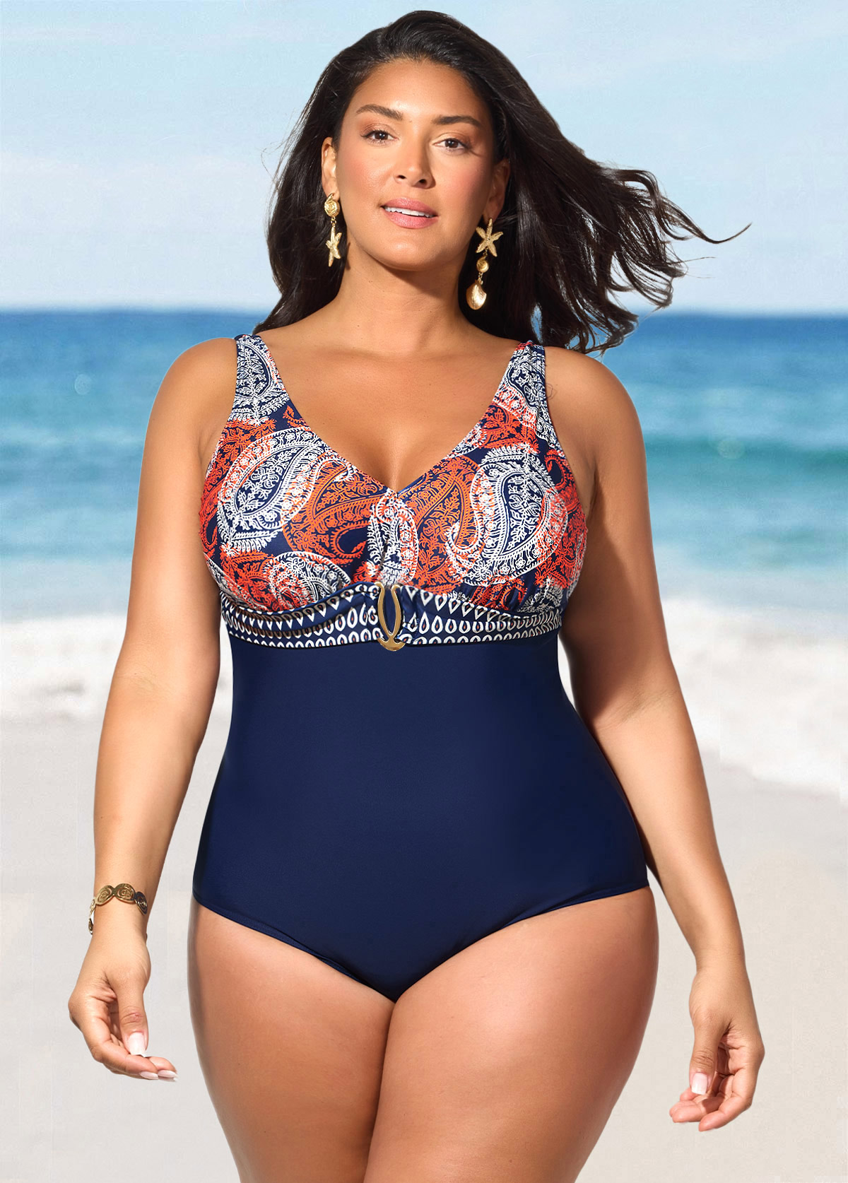 Navy Plus Size One Piece Swimwear and Cover Up