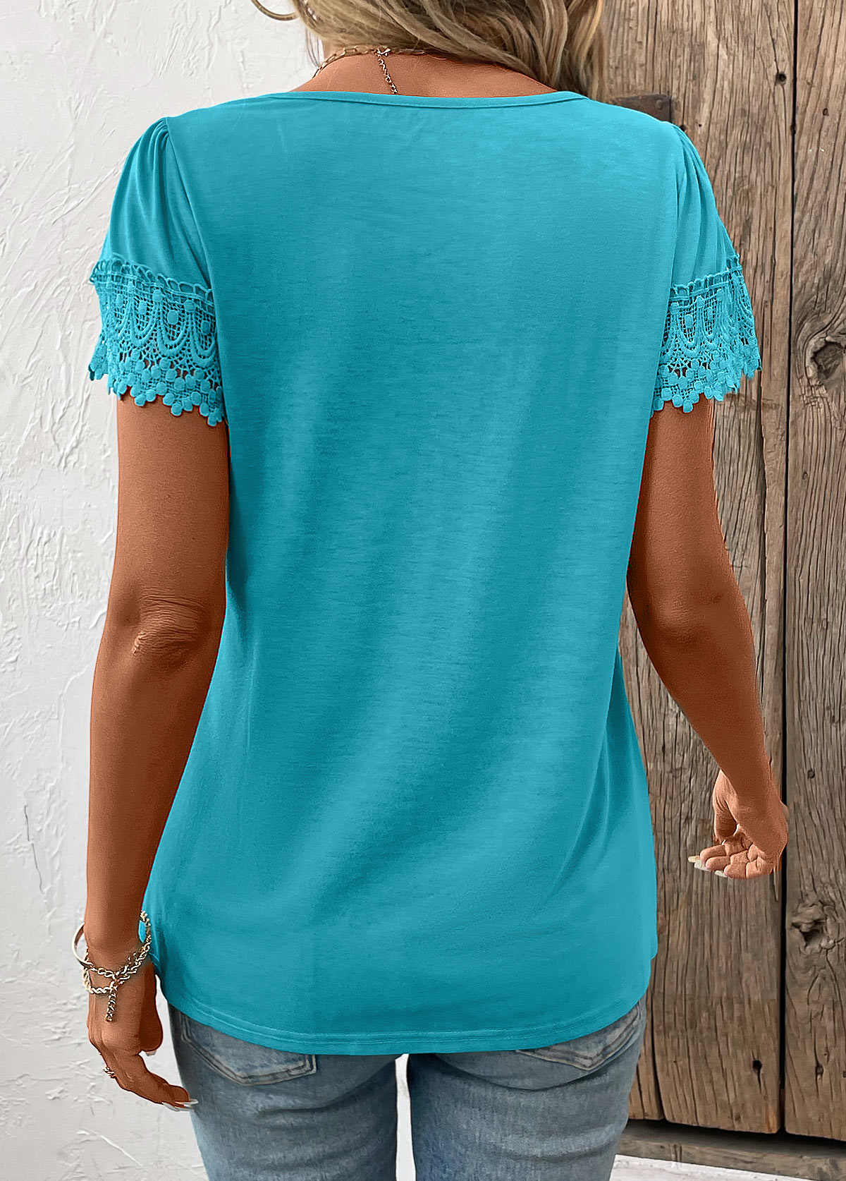 Patchwork Peacock Blue Short Sleeve Square Neck T Shirt