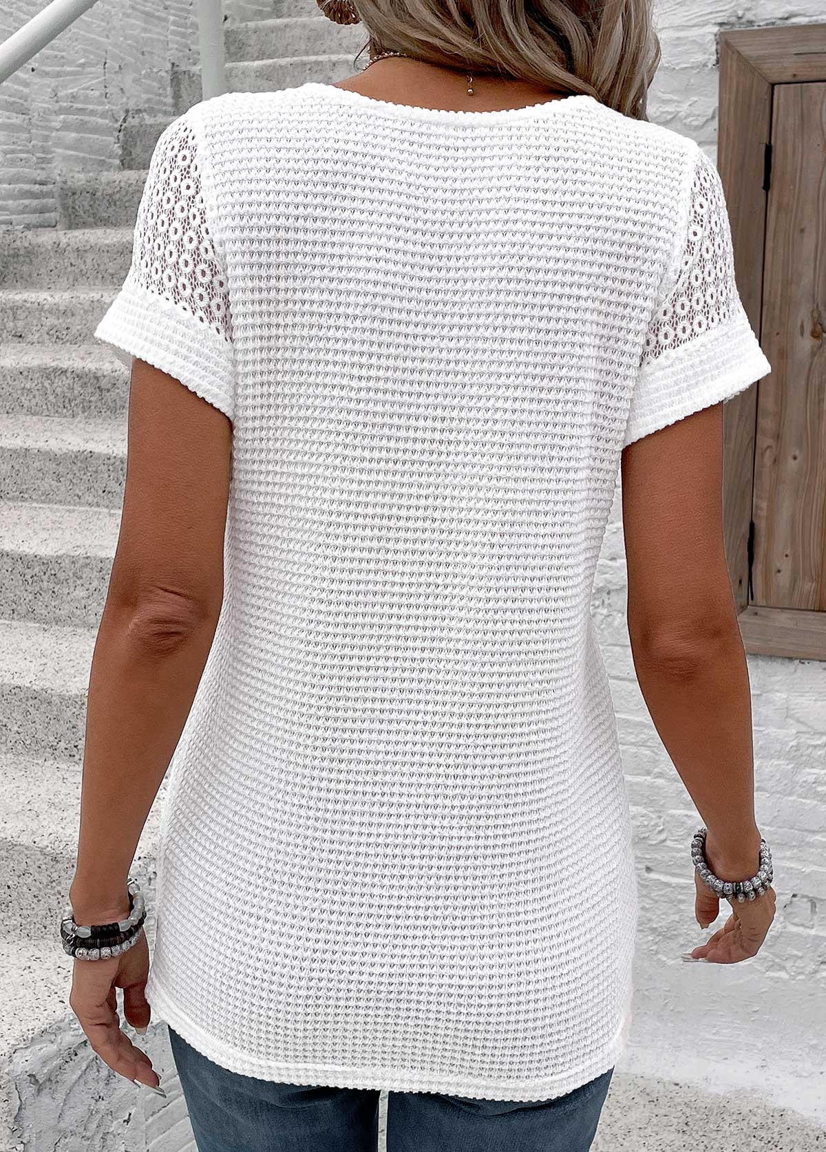 Patchwork White Short Sleeve V Neck T Shirt
