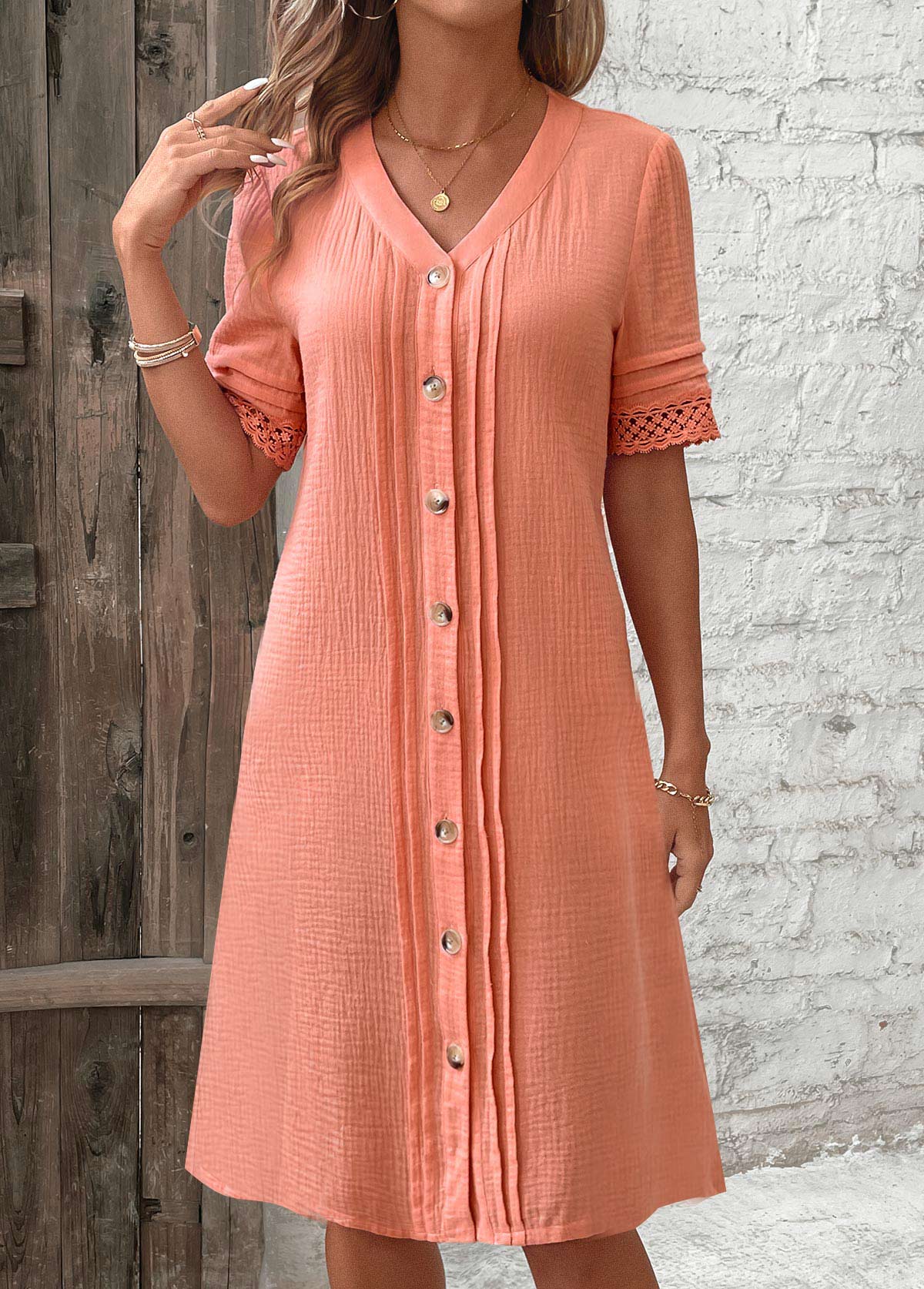 Button Dusty Pink A Line Short Sleeve Dress