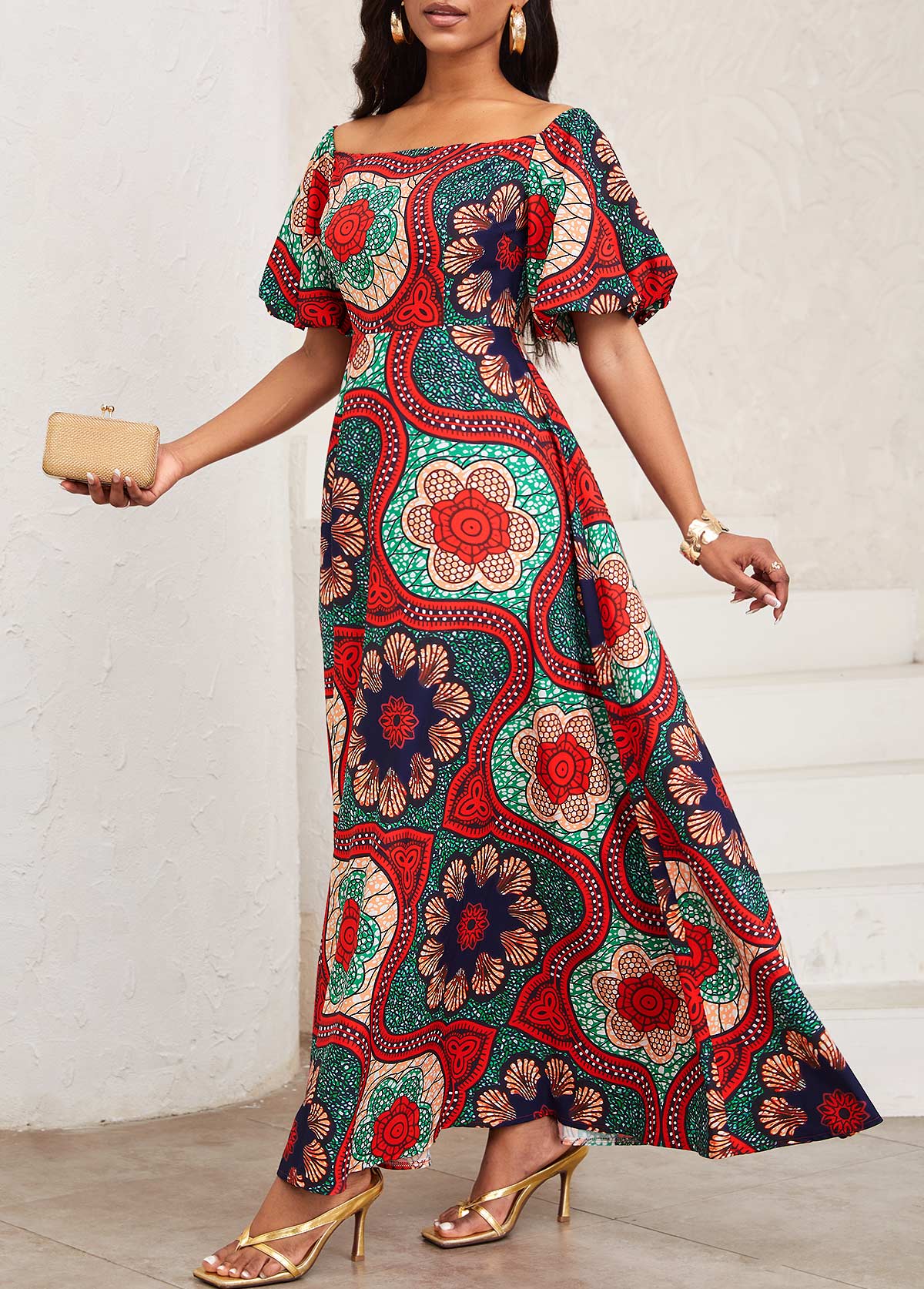 Tribal Print Patchwork Multi Color Maxi Short Sleeve Dress