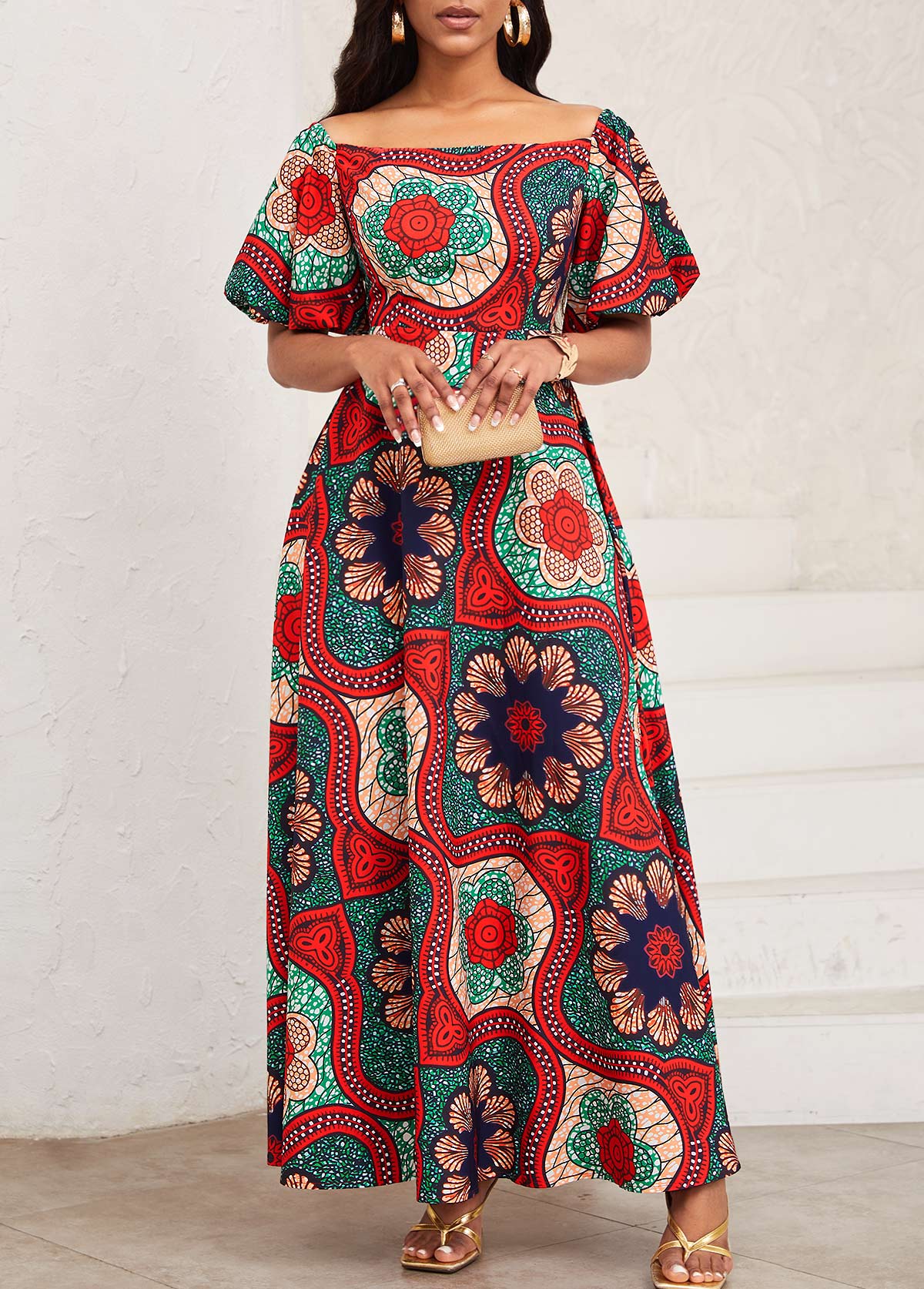 Tribal Print Patchwork Multi Color Maxi Short Sleeve Dress
