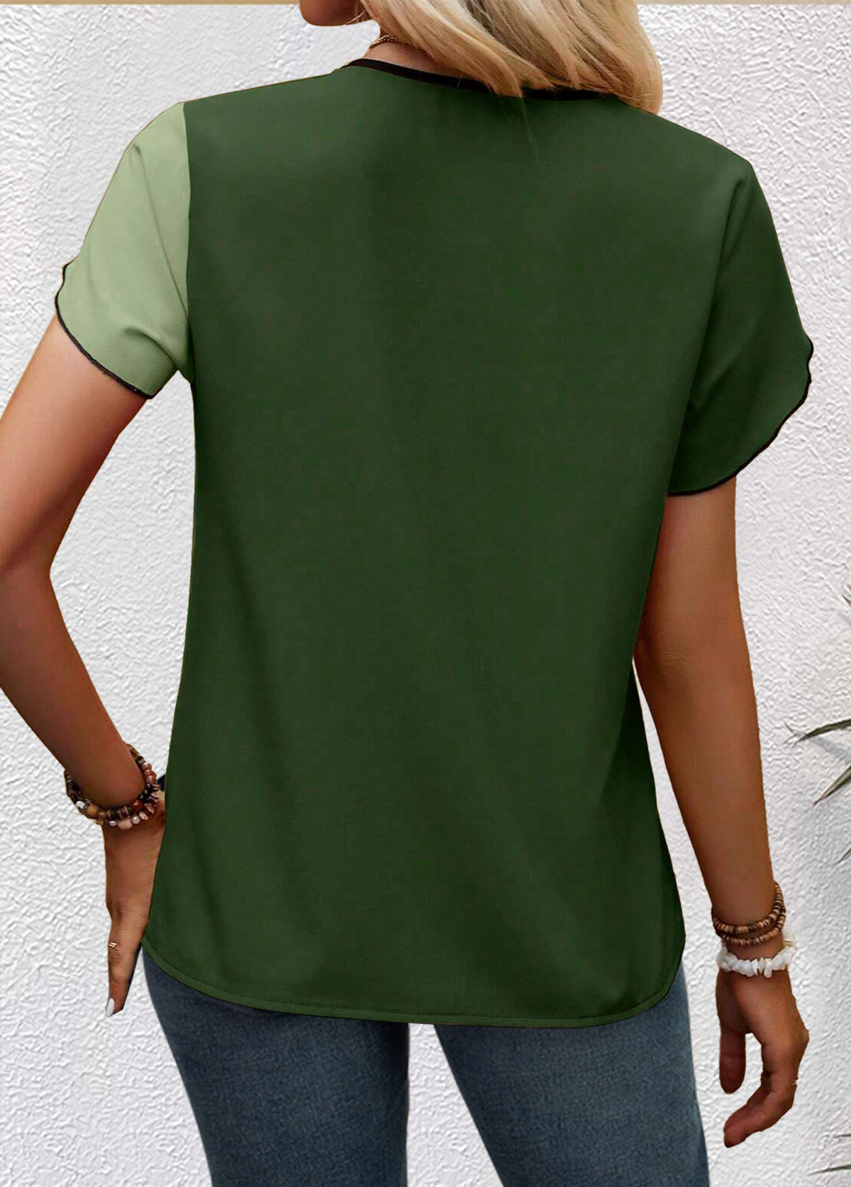 Patchwork Green Short Sleeve V Neck Blouse