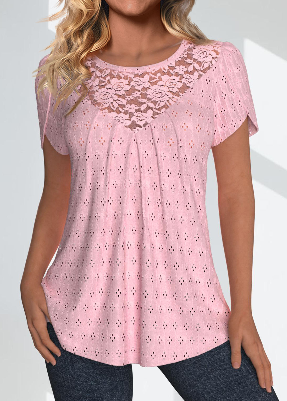 Lace Light Pink Short Sleeve Round Neck T Shirt
