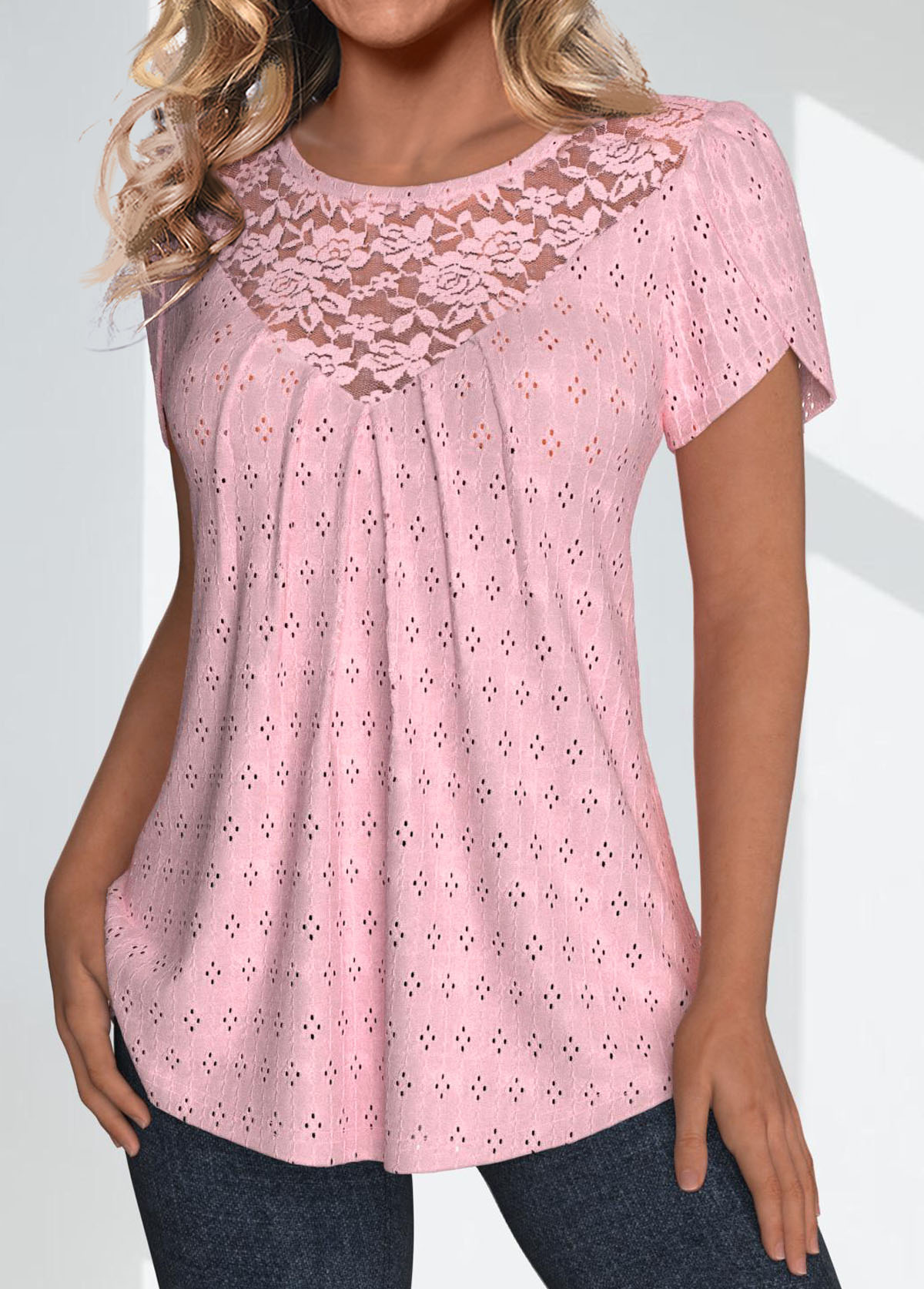 Lace Light Pink Short Sleeve Round Neck T Shirt