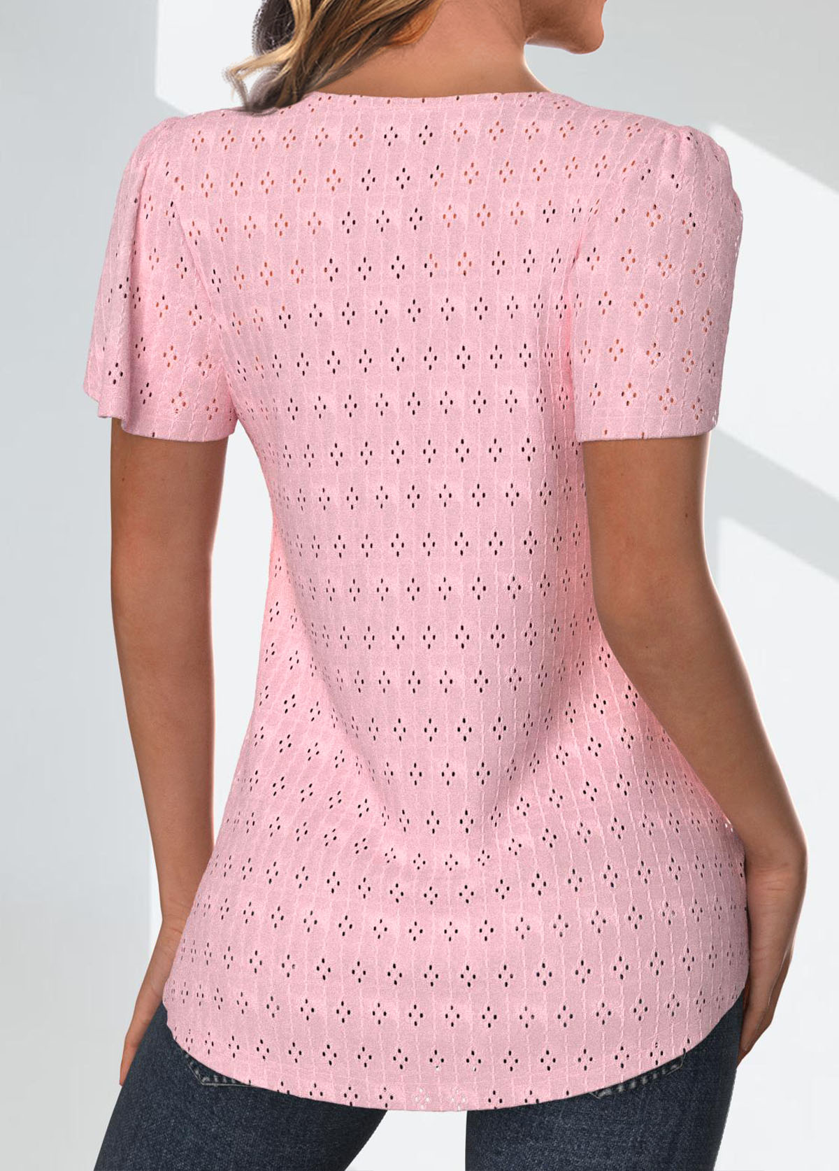 Lace Light Pink Short Sleeve Round Neck T Shirt