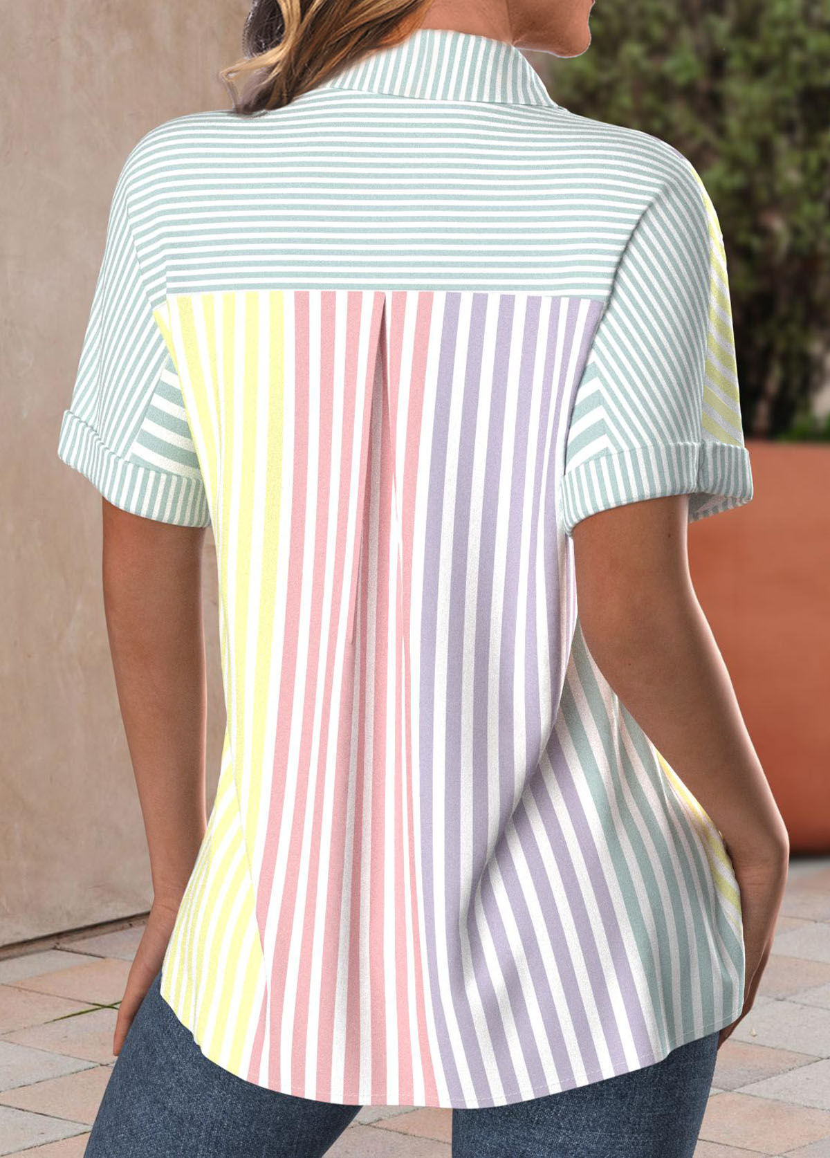 Striped Button Multi Color Short Sleeve Shirt Collar Blouse