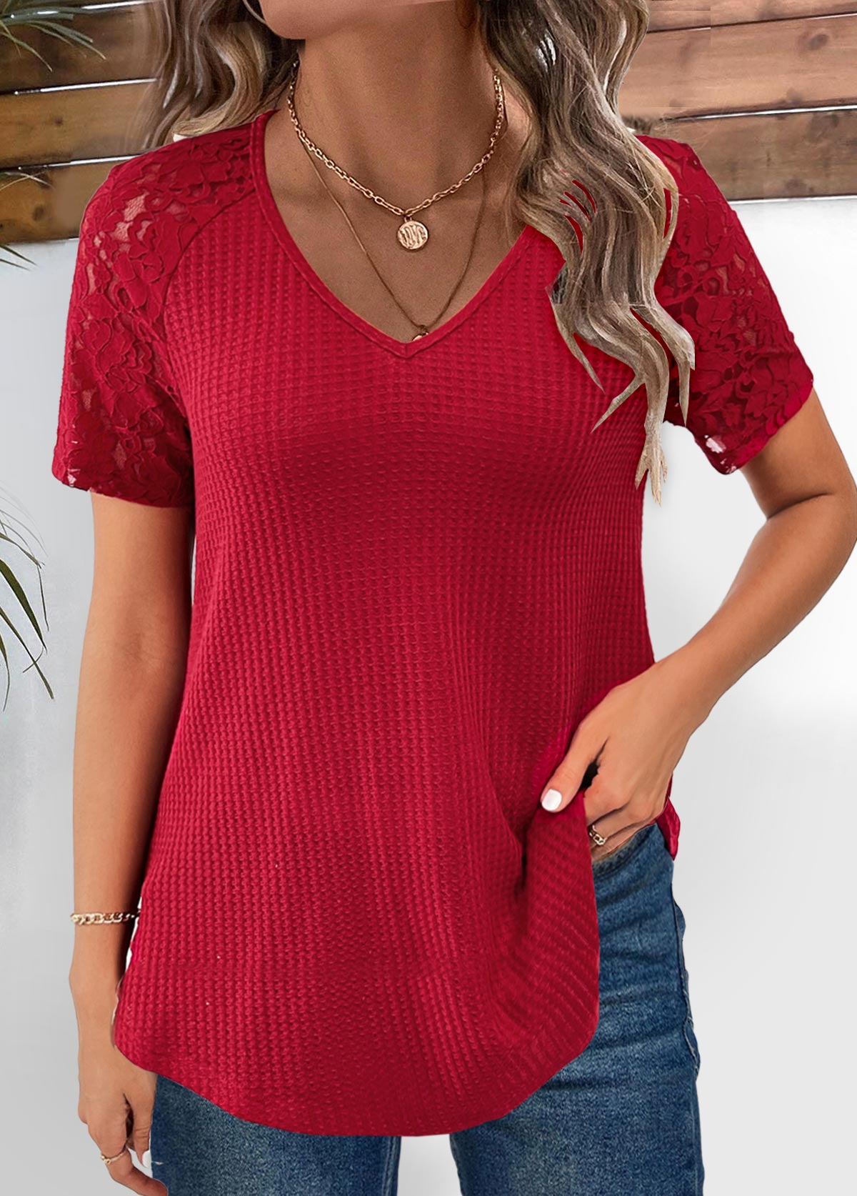 Lace Wine Red Short Sleeve V Neck T Shirt