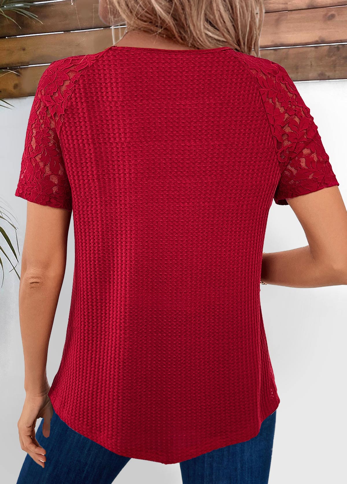 Lace Wine Red Short Sleeve V Neck T Shirt