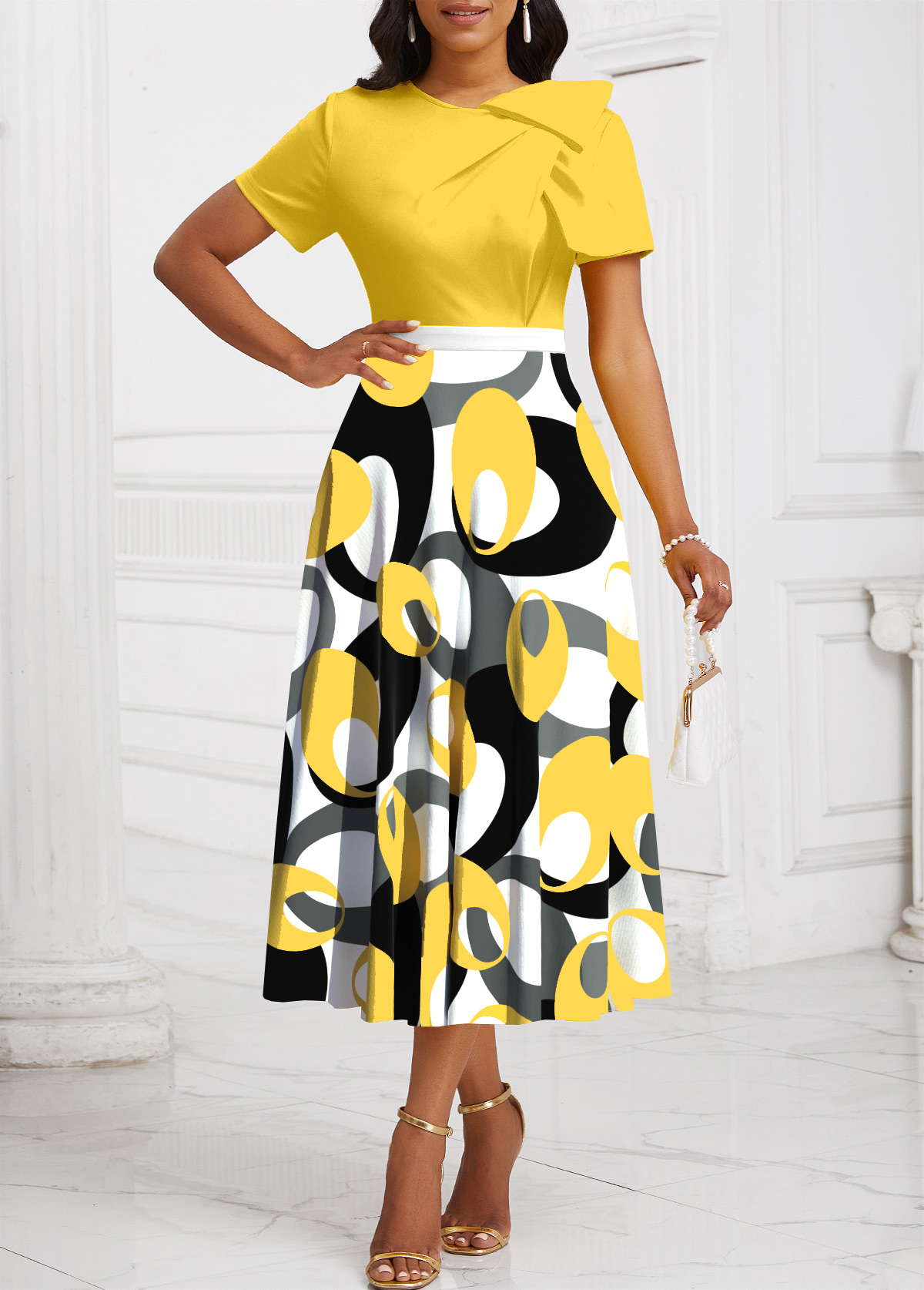 Geometric Print Patchwork Yellow Short Sleeve Round Neck Dress