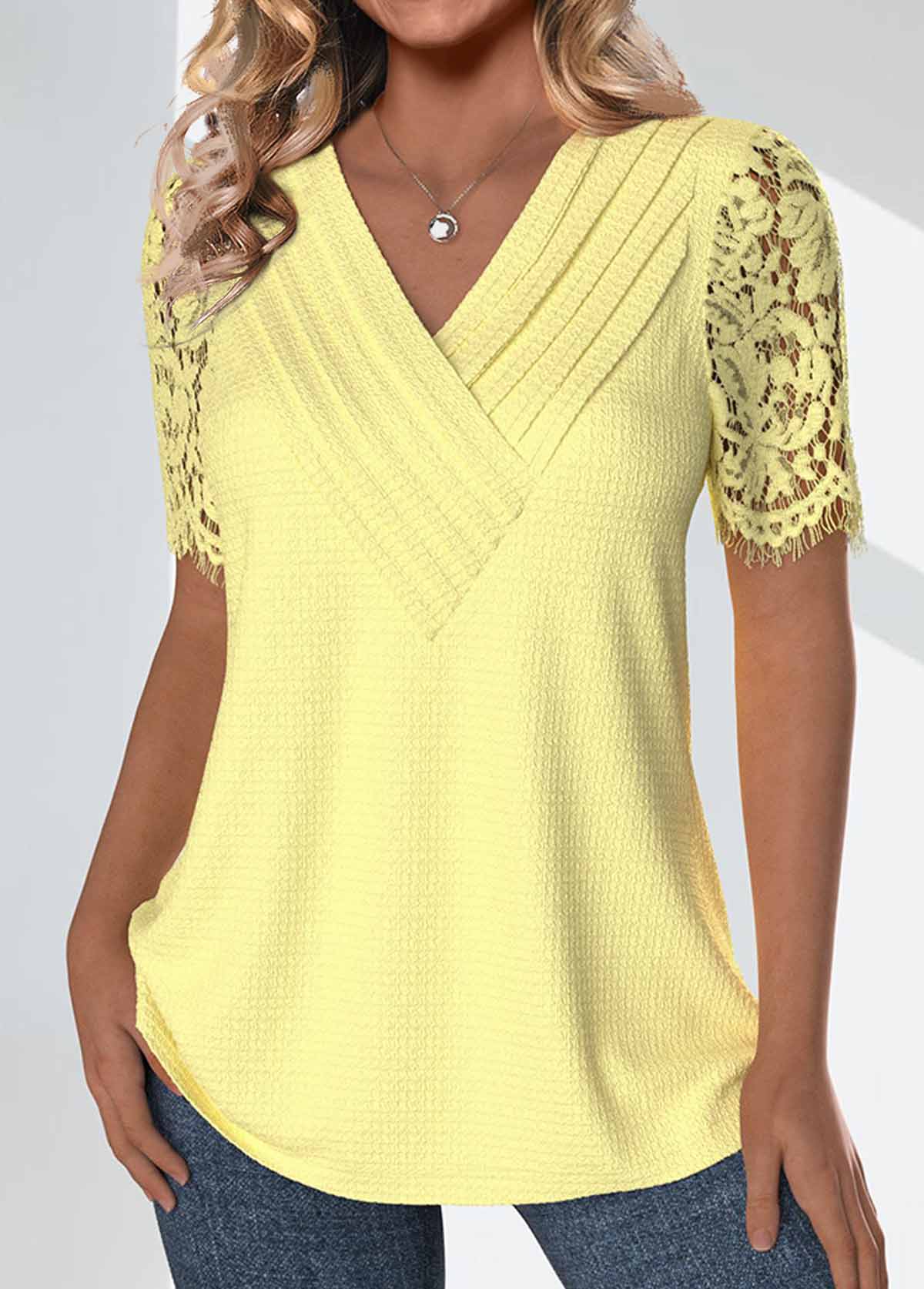Lace Light Yellow Short Sleeve V Neck T Shirt