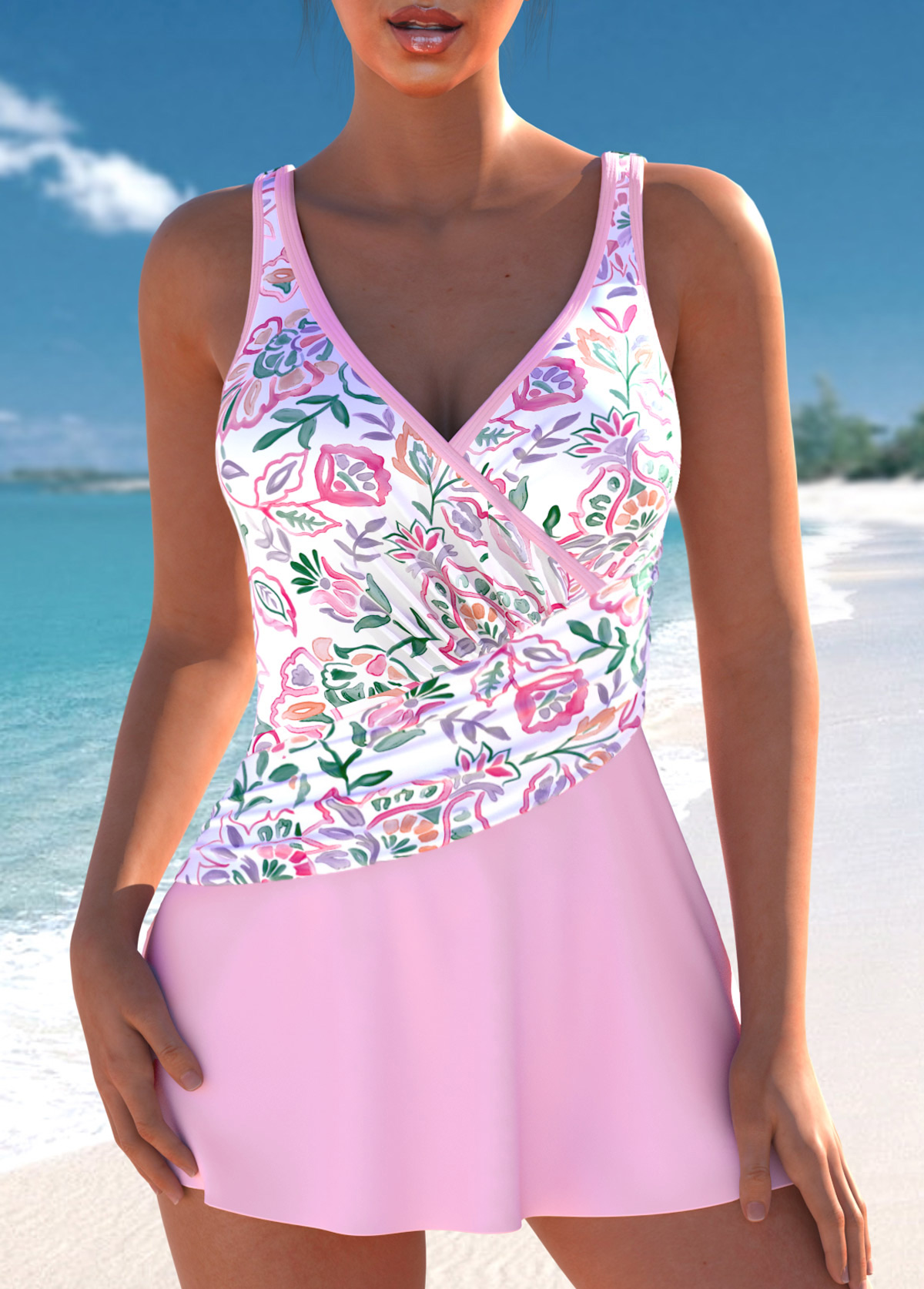 Vintage Watercolor Pink Rose Flower Print One Piece Swimsuite