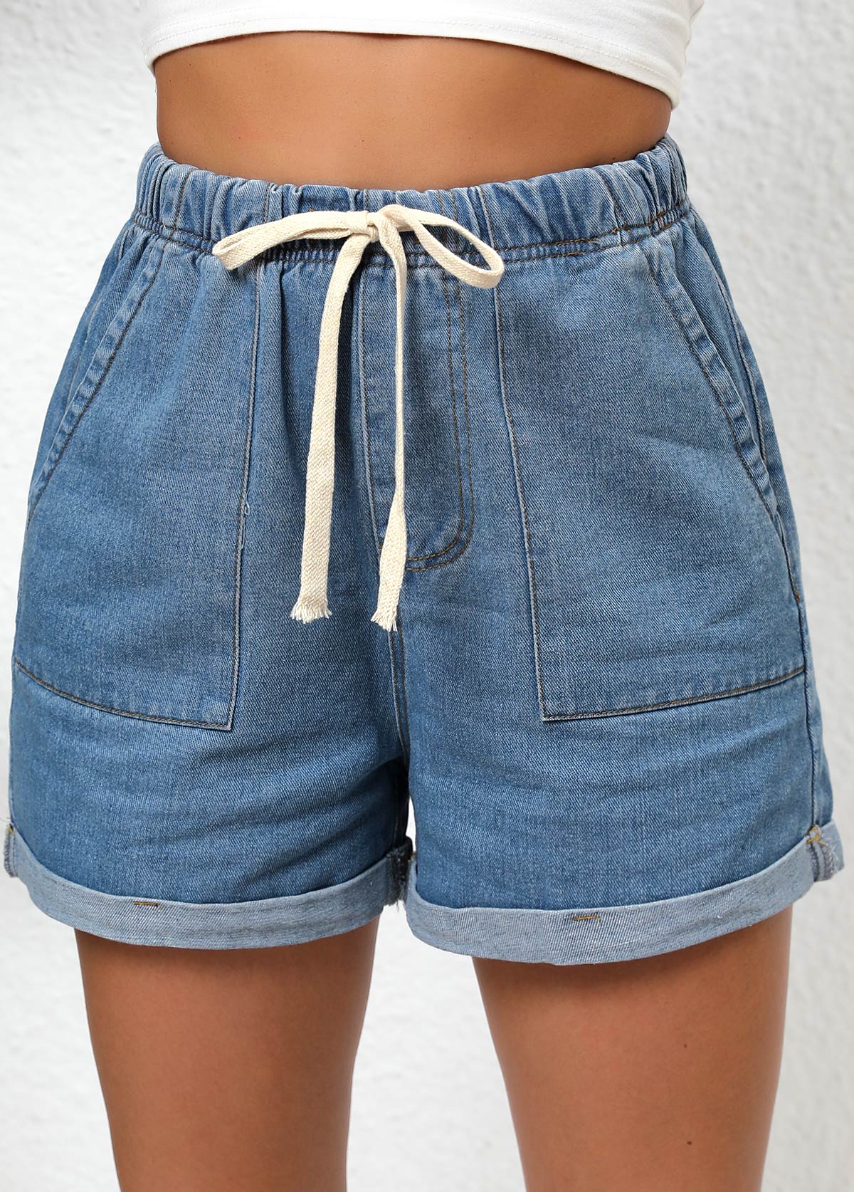 Double Side Pockets Denim Blue Elastic Waist Shorts