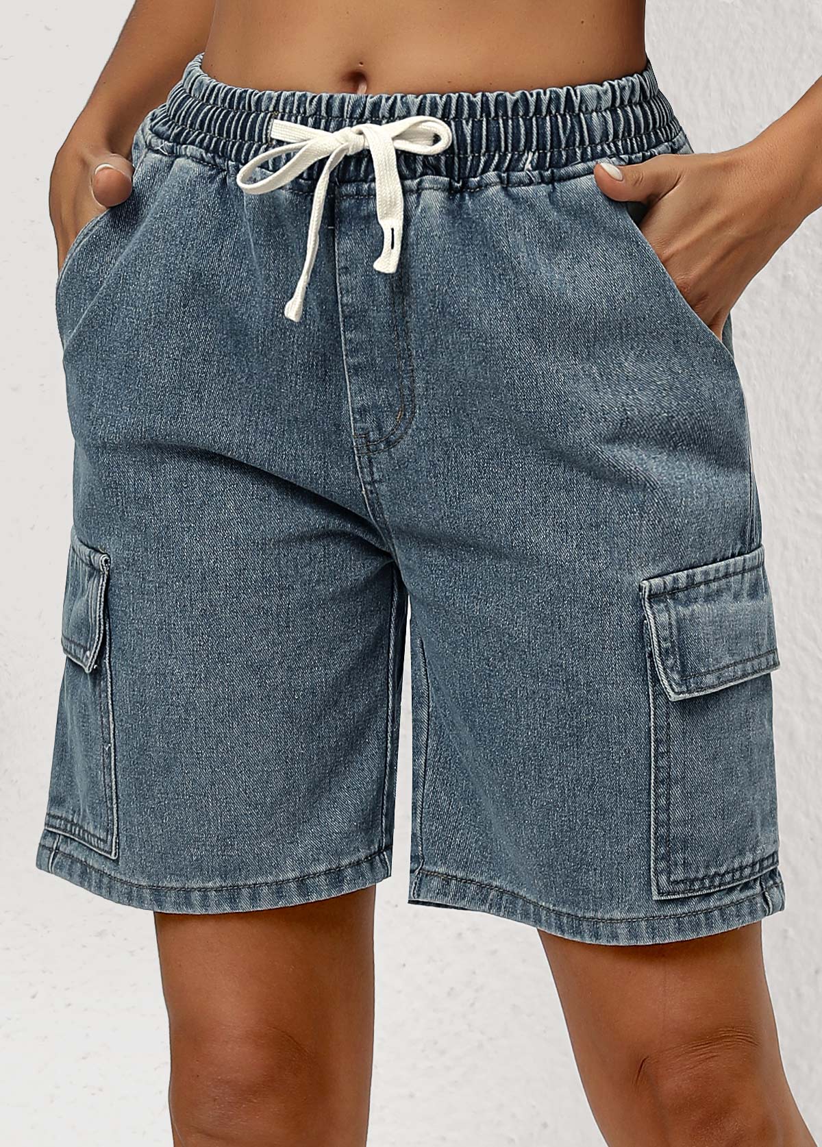 Buttoned Elastic Waist Denim Shorts with Pockets