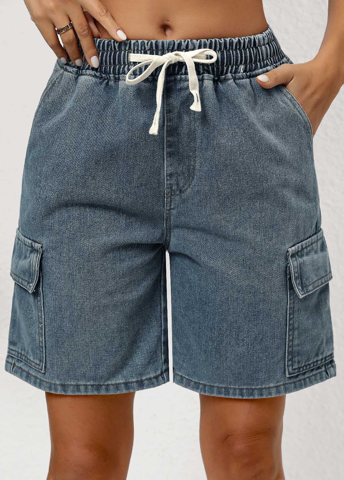 Pocket Denim Blue Elastic Waist Mid Waisted Shorts