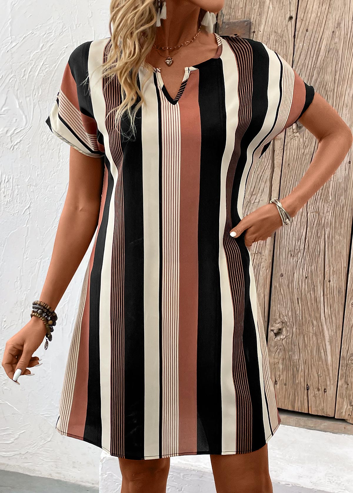 Multi Stripe Print Split Sleeveless Shift Dress