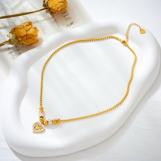 Gold Beaded Tree Heart Pendant Necklace
