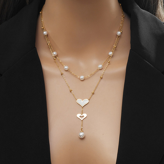 Layered Pearl Gold Heart Alloy Necklace