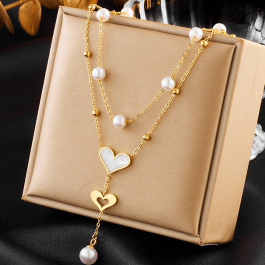 Layered Pearl Gold Heart Alloy Necklace