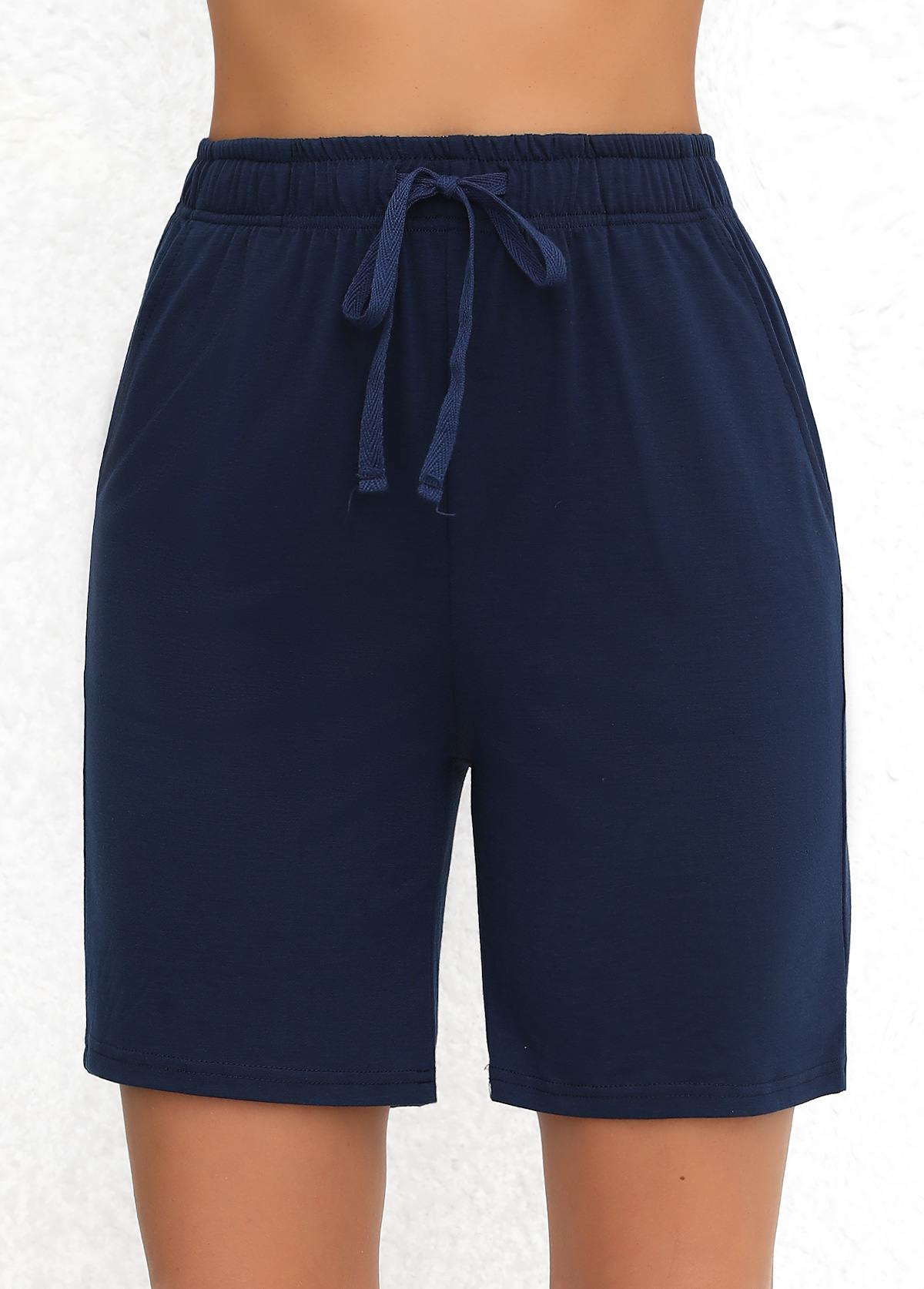 Double Side Pockets Elastic Waist Navy High Waisted Shorts