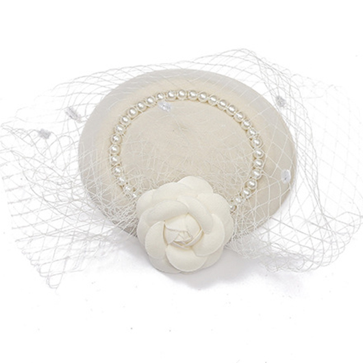 Mesh Floral Detail Round Pearl Beige Hat