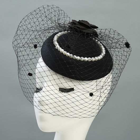 Mesh Floral Detail Round Pearl Black Hat