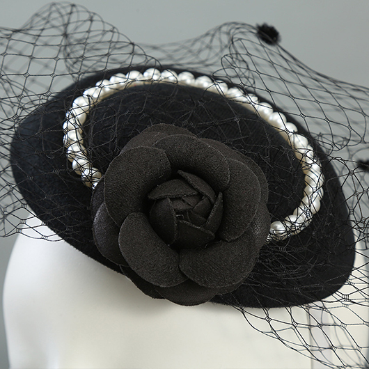 Mesh Floral Detail Round Pearl Black Hat