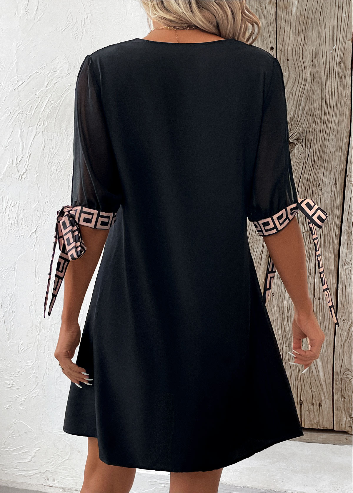 Geometric Print Tie Black Short A Line Dress