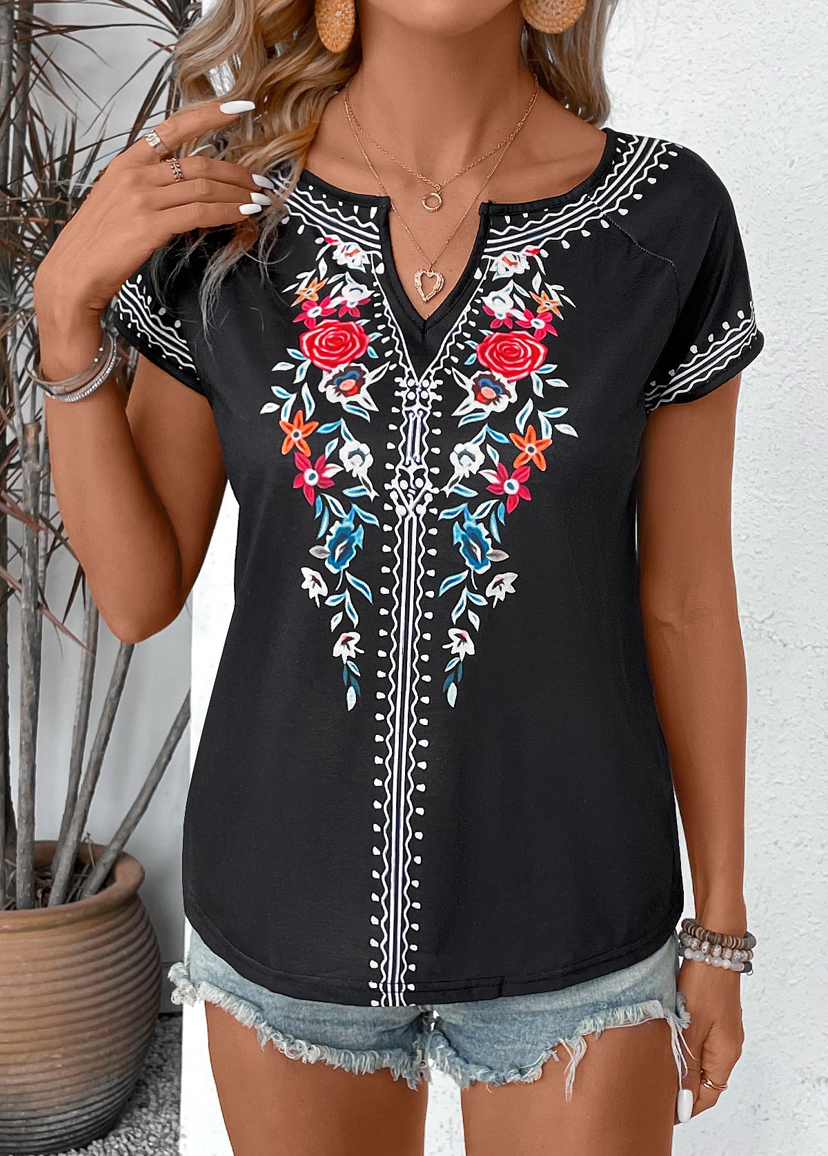 Floral Print Black Short Sleeve Split Neck T Shirt